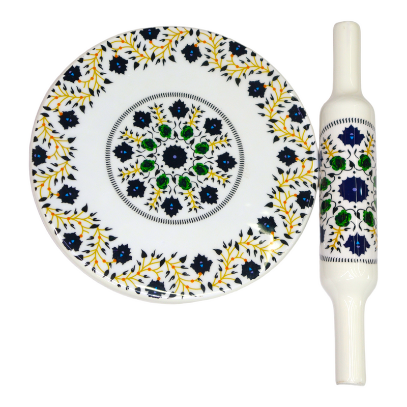 KUVI Printed White Marble Roti Maker with Wooden Belan Enamel Print/White Marble Chakla 10 Inch Diameter with Belan (White and Blue)