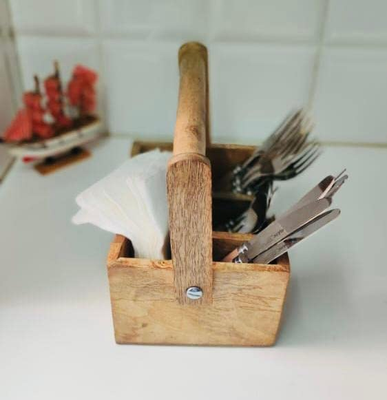 Spoon Stand for Dining Table Chammach Stand|Wooden Cutlery Holder Kitchen Rack Café Restaurant bar for Spoons,Forks,Knives, Tissue Papers with Handles 4 Section